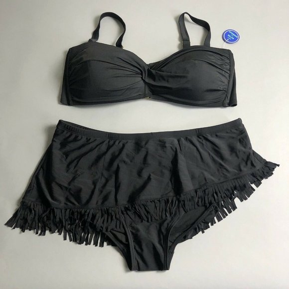 Swimsuits For All Other - Swimsuits For All Solid Black Fringe Bikini Set